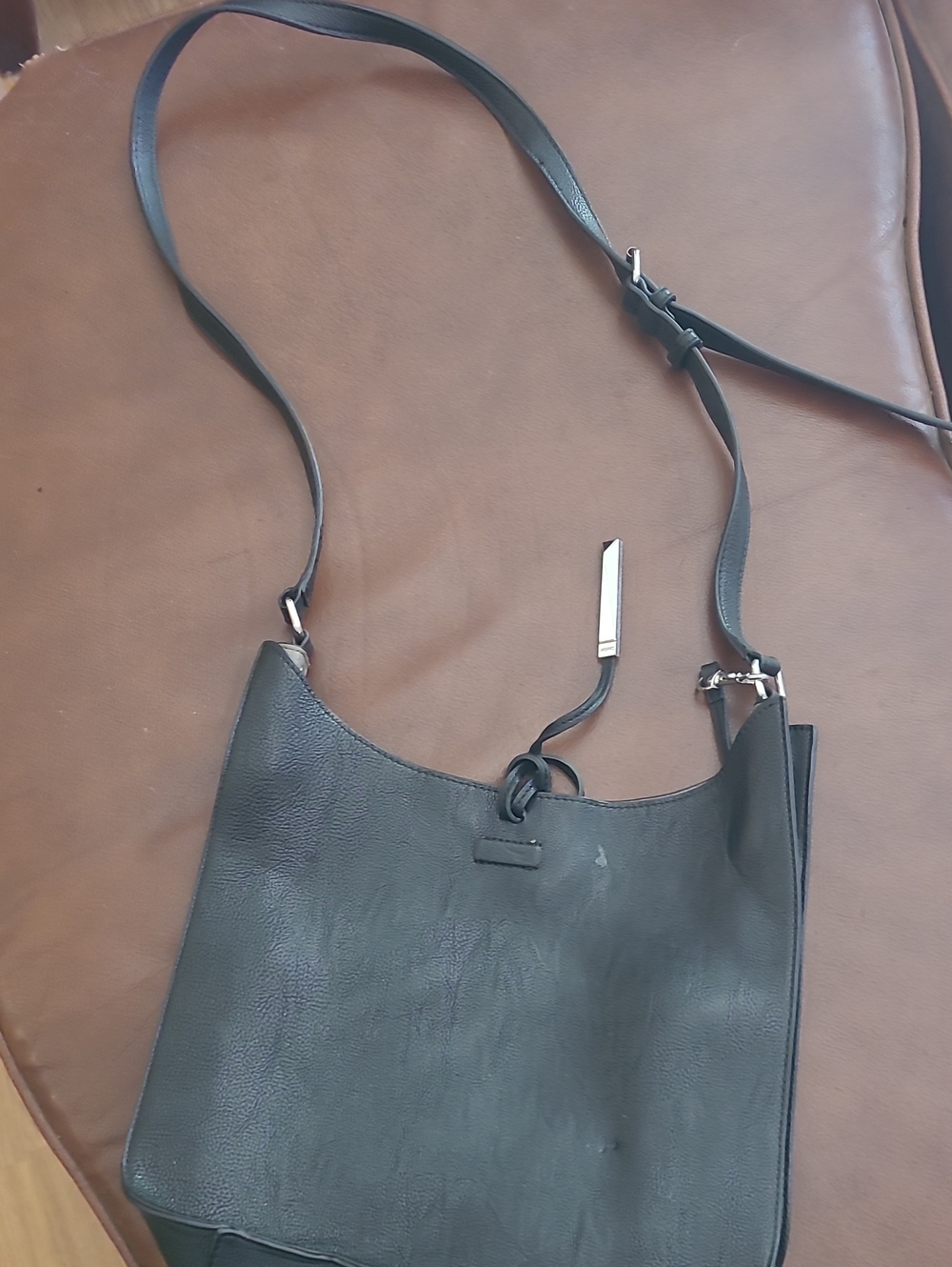 Calvin Klein Black Leather Crossbody Tote with Silver Accent